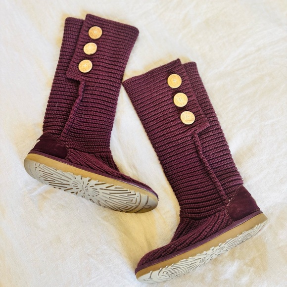 UGG Burgundy Cardi Knit Boots with Button Detail 6 - Picture 1 of 7
